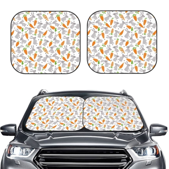 Uemuo Cute Rabbit Printed 2 PCS Car Windshield Sun Shade, Auto Sun Heat and UV Rays Blocker, Foldable Automotive Front Window Sunshade Protector