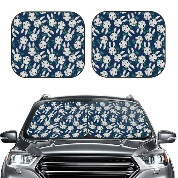 Uemuo Cute Rabbit Printed 2 PCS Car Windshield Sun Shade, Auto Sun Heat and UV Rays Blocker, Foldable Automotive Front Window Sunshade Protector