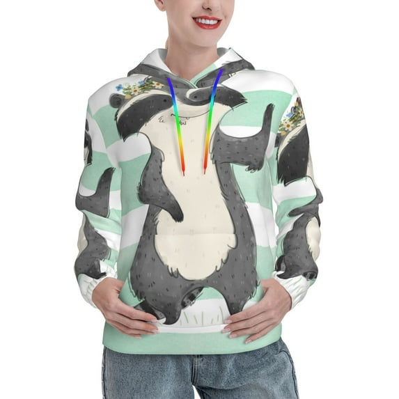 Uemuo Cute Raccoon Pattern Women's Hoodie with Eye-catching Drawstrings- Casual Pullover Hoodie with Kangaroo Pocket, Stylish Hooded Sweatshirt-Large