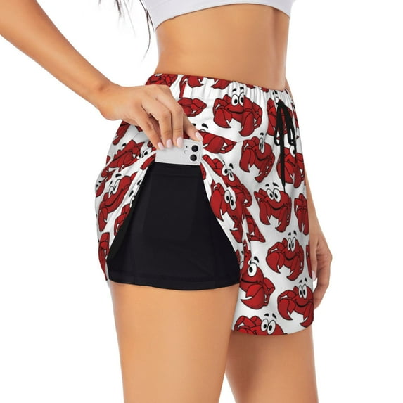 Uemuo Cute Red Crab Pattern Women's Athletic Shorts High Waisted Running Shorts with Liner Pockets Gym Elastic Workout Shorts-X-Large