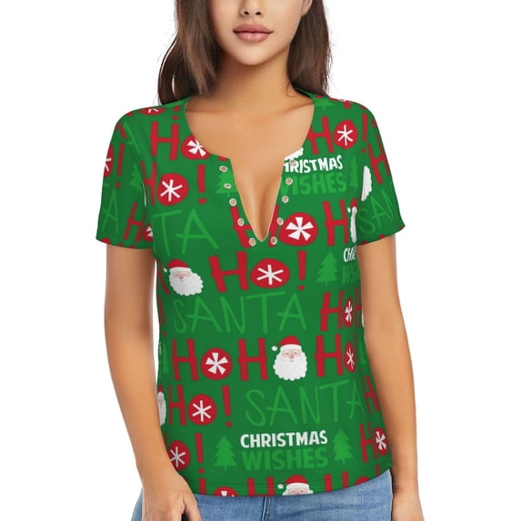 Uemuo Cute Santa Drawing Women's Deep V-Neck Low Cut Tops - Casual Loose Fit with Stainless Steel Loop, Soft, Breathable, Perfect for Office, Travel, and Daily Wear-X-Large