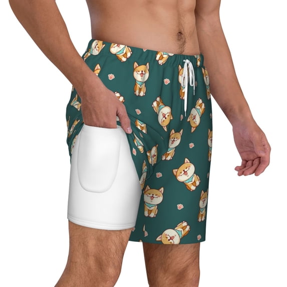 Uemuo Cute Shiba Pattern Mens Swim Trunks Quick Dry Board Shorts with Mesh Lining, Stretch Beach Shorts Quick Dry No-Chafing Board Shorts-Medium