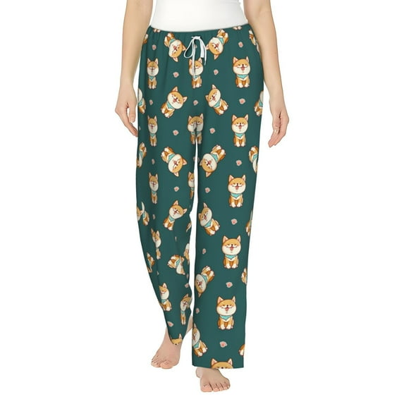 Uemuo Cute Shiba Pattern Women's Wide Leg Palazzo Lounge Pants with Pockets Light Weight Loose Comfy Casual Pajama Pants-Medium