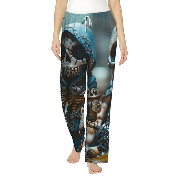 Uemuo Cute Skeletons Figurines Pattern Women's Wide Leg Palazzo Lounge Pants with Pockets Light Weight Loose Comfy Casual Pajama Pants-Large