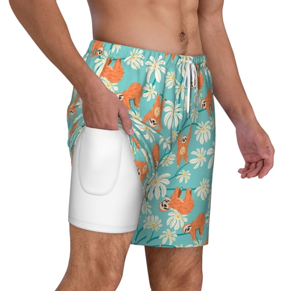 Uemuo Cute Sloth on Floral Tree Pattern Mens Swim Trunks Quick Dry Board Shorts with Mesh Lining, Stretch Beach Shorts Quick Dry No-Chafing Board Shorts-Medium