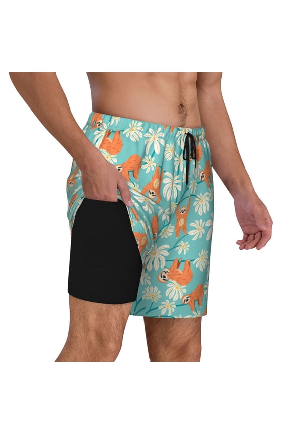Cute Sloth on Floral Tree Pattern Mens Swim Trunks Quick Dry Board Shorts with Mesh Lining, Stretch Beach Shorts Quick Dry No-Chafing Board Shorts-Small
