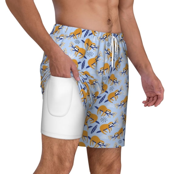 Uemuo Cute Sloth Pattern Mens Swim Trunks Quick Dry Board Shorts with Mesh Lining, Stretch Beach Shorts Quick Dry No-Chafing Board Shorts-X-Large