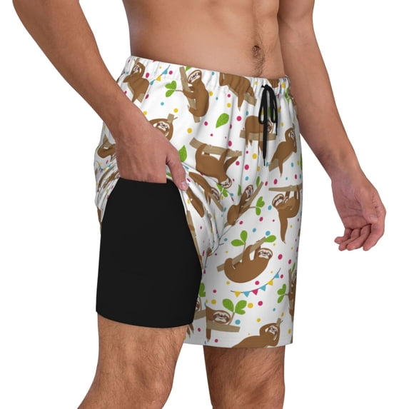 Uemuo Cute Sloth Pattern Mens Swim Trunks Quick Dry Board Shorts with Mesh Lining, Stretch Beach Shorts Quick Dry No-Chafing Board Shorts-Small