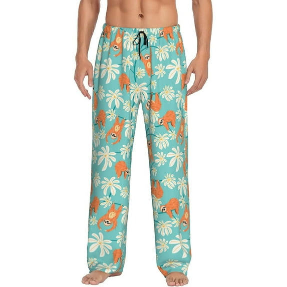 Uemuo Cute Sloth on Floral Tree Pattern Men's Wide Leg Palazzo Lounge Pants with Pockets Light Weight Loose Comfy Casual Pajama Pants-Large