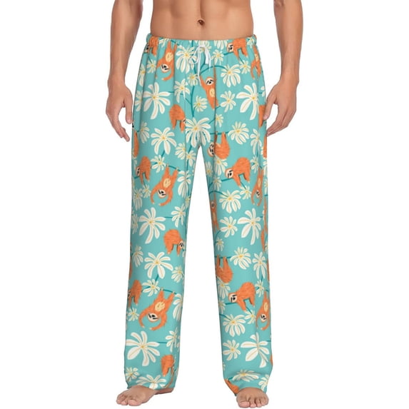 Uemuo Cute Sloth on Floral Tree Pattern Men's Wide Leg Palazzo Lounge Pants with Pockets Light Weight Loose Comfy Casual Pajama Pants-XX-Large