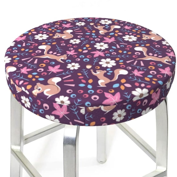 Uemuo Cute Squirrel Floral Pattern Round Bar Stool Seat Covers Washable Stool Cushion Slipcover Elastic Bar Chair Covers-14 inch