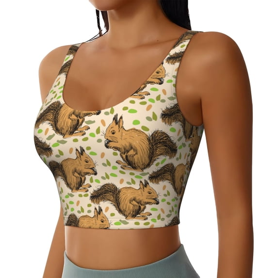 Uemuo Cute Squirrel with Green Leaves Pattern Women's Sports Bra - High Impact Support, Breathable, and Comfortable Athletic Bra for Running, Yoga, and Workouts