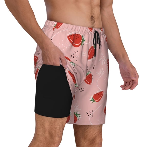 Uemuo Cute Strawberry C Pattern Mens Swim Trunks Quick Dry Board Shorts with Mesh Lining, Stretch Beach Shorts Quick Dry No-Chafing Board Shorts-XX-Large