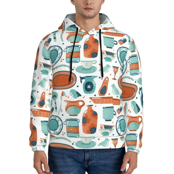 Uemuo Cute Tableware Pattern Men's Hoodie - Casual Pullover Hoodie with Kangaroo Pocket, Stylish Hooded Sweatshirt for Everyday Wear-XX-Large