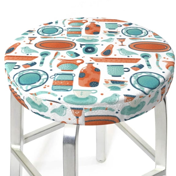 Uemuo Cute Tableware Pattern Round Bar Stool Seat Covers Washable Stool Cushion Slipcover Elastic Bar Chair Covers-13 inch