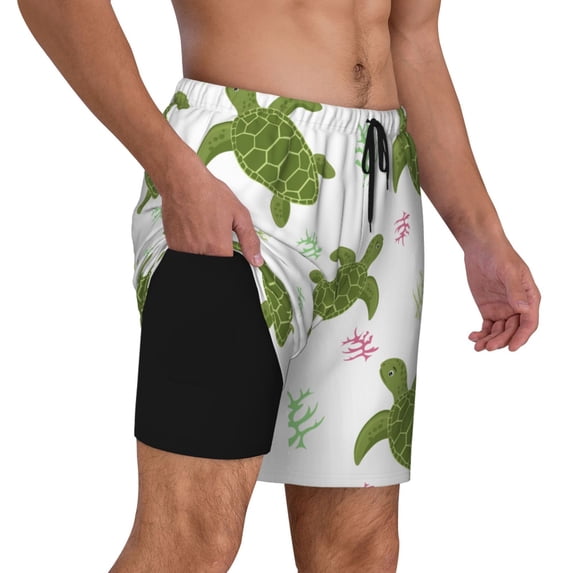 Uemuo Cute Turtle Pattern Mens Swim Trunks Quick Dry Board Shorts with Mesh Lining, Stretch Beach Shorts Quick Dry No-Chafing Board Shorts-Small