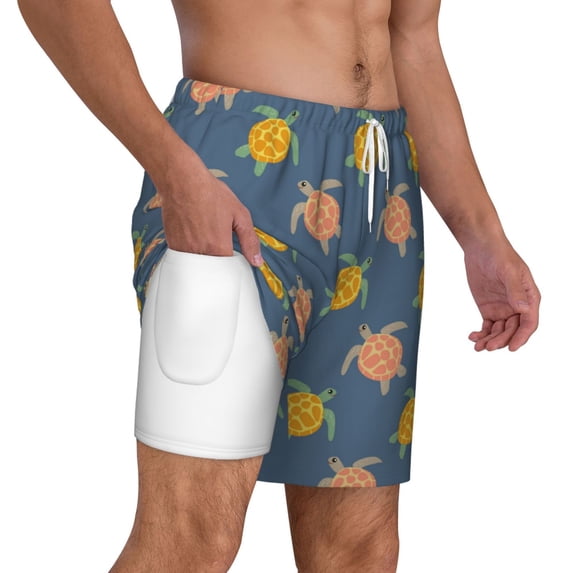 Uemuo Cute Turtle Pattern Mens Swim Trunks Quick Dry Board Shorts with Mesh Lining, Stretch Beach Shorts Quick Dry No-Chafing Board Shorts-XX-Large
