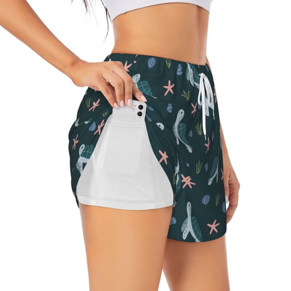 Uemuo Cute Turtle Pattern Women's Athletic Shorts High Waisted Running Shorts with Liner Pockets Gym Elastic Workout Shorts-X-Large