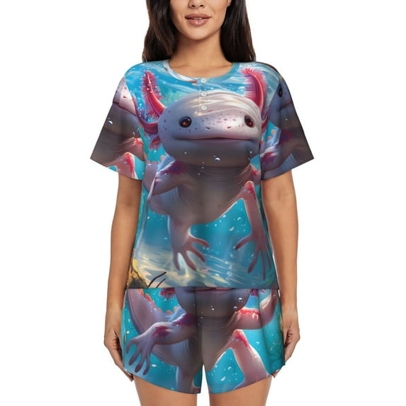 Uemuo Cute Underwater Axolotl Pattern Women's Short-Sleeved Pajama, Button-Front Loungewear, 2-Piece Summer Sleepwear, Elastic Drawstring Shorts-X-Large