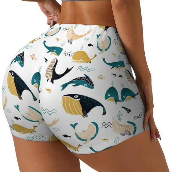 Uemuo Cute Whale Pattern Women Workout Impact Shorts Scrunch Butt Lifting Gym Shorts Seamless Booty Biker Shorts-Large