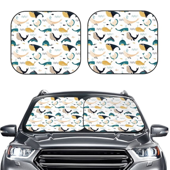 Uemuo Cute Whale Printed 2 PCS Car Windshield Sun Shade, Auto Sun Heat and UV Rays Blocker, Foldable Automotive Front Window Sunshade Protector