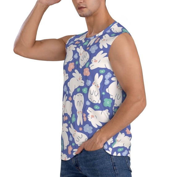 Uemuo Cute White Rabbit Pattern Men's Sleeveless T-Shirt,Muscle Athletic Tank Top, Moisture-wicking Quick-dry Breathable Classic Tee Top for Gym Run Outdoor Sports-3X-Large