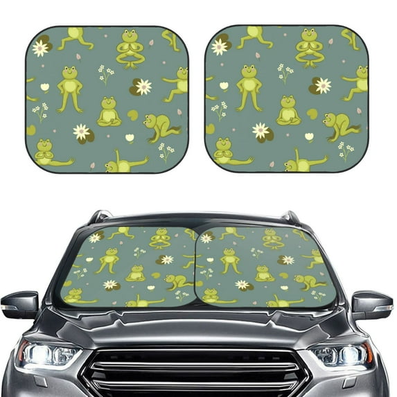 Uemuo Cute Yoga Frogs Printed 2 PCS Car Windshield Sun Shade, Auto Sun Heat and UV Rays Blocker, Foldable Automotive Front Window Sunshade Protector