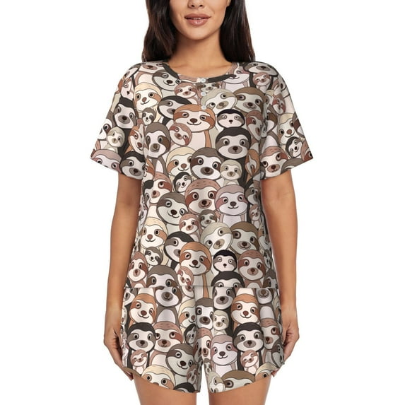 Uemuo Brown Sloth Pattern Women's Short-Sleeved Pajama, Button-Front Loungewear, 2-Piece Summer Sleepwear, Elastic Drawstring Shorts-X-Large