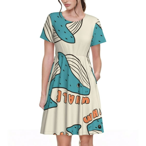 Uemuo Cute colorful whale Print Womens Summer Dress Casual Swing Short Sleeve Sundresses Beach A-line Shift Dress