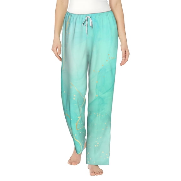 Uemuo Cyan Mint Marble Pattern Women's Wide Leg Palazzo Lounge Pants with Pockets Light Weight Loose Comfy Casual Pajama Pants-Small