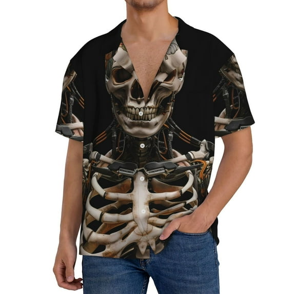 Uemuo Cyber Skeleton With Tattoos Pattern Cotton Linen Short Sleeve Shirts,Casual Lightweight Button Down Shirts,Vacation Beach Summer Tops-Medium