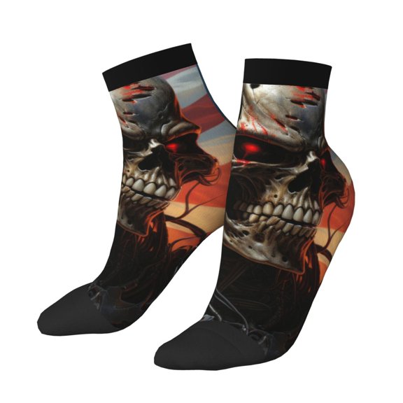 Uemuo Cyberpunk Skull American Flag Printed Crew Socks, Moisture-Wicking Socks, Athletic Socks for Men Breathable Cushion Socks Casual Sport Socks for Running Traveling