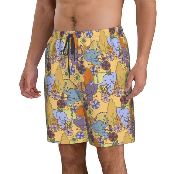 Uemuo Cycling Elephant On Bicycle In Park Pattern Men's Swim Trunks Hawaiian Beach Bathing Suit Swimsuits Beach Quick-Dry Shorts with Pockets-3X-Large