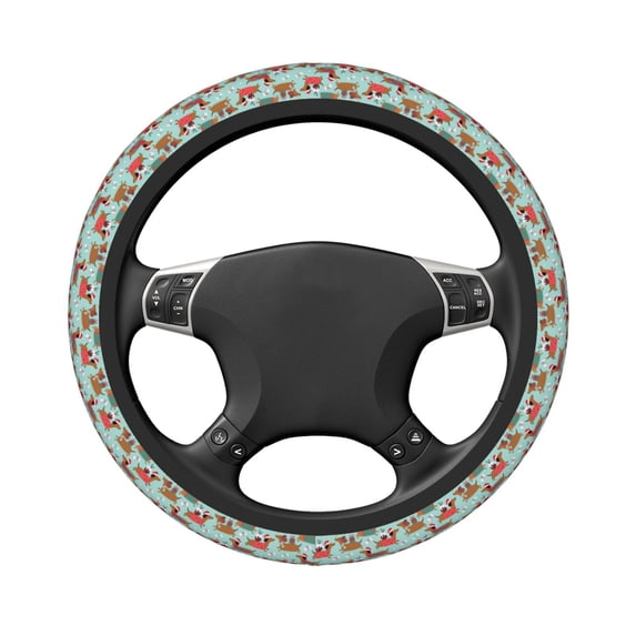 Uemuo Dachshund Christmas Play Printed Car Elastic Steering Wheel Cover - Universal Car Accessory for Diverse Cars Anti-Slip, and Comfortable- 15"
