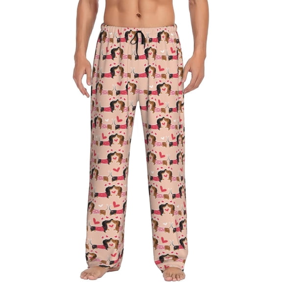 Uemuo Dachshund Couple Pattern Men's Wide Leg Palazzo Lounge Pants with Pockets Light Weight Loose Comfy Casual Pajama Pants-Small