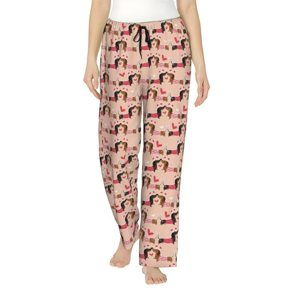 Uemuo Dachshund Couple Pattern Women's Wide Leg Palazzo Lounge Pants with Pockets Light Weight Loose Comfy Casual Pajama Pants-