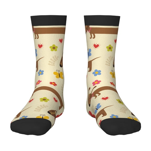 Uemuo Dachshund Dog And Flower Printed Kids Boys Socks Seamless Crew Socks Crazy Funny Athletic Sport Socks for Children
