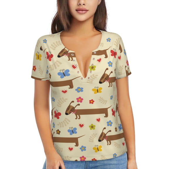 Uemuo Dachshund Dog And Flower Drawing Women's Deep V-Neck Low Cut Tops - Casual Loose Fit with Stainless Steel Loop, Soft, Breathable, Perfect for Office, Travel, and Daily Wear-Small