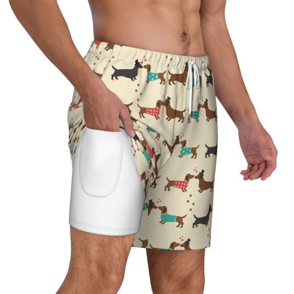 Uemuo Dachshund Dog Pattern Mens Swim Trunks Quick Dry Board Shorts with Mesh Lining, Stretch Beach Shorts Quick Dry No-Chafing Board Shorts-Small