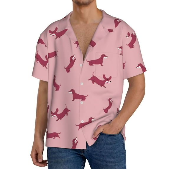 Uemuo Dachshund Dog Puppy Pattern Cotton Linen Short Sleeve Shirts,Casual Lightweight Button Down Shirts,Vacation Beach Summer Tops-