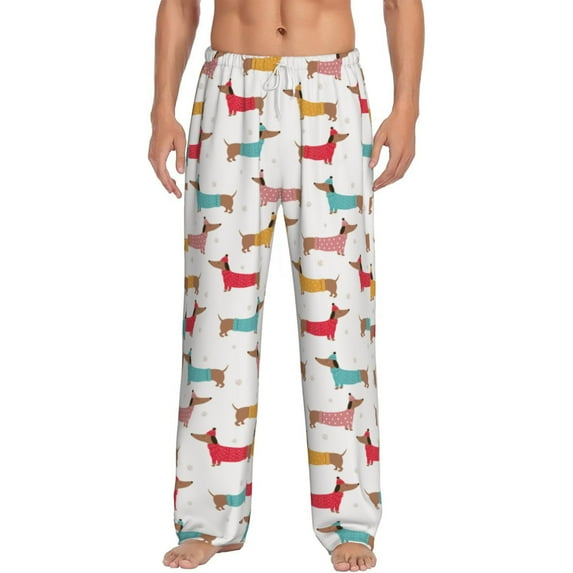 Uemuo Dachshund Dog Puppy Pattern Men's Wide Leg Palazzo Lounge Pants with Pockets Light Weight Loose Comfy Casual Pajama Pants-X-Large