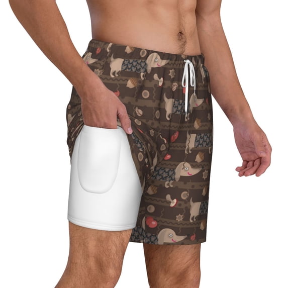 Uemuo Dachshund Dog Puppy Pattern Mens Swim Trunks Quick Dry Board Shorts with Mesh Lining, Stretch Beach Shorts Quick Dry No-Chafing Board Shorts-Medium