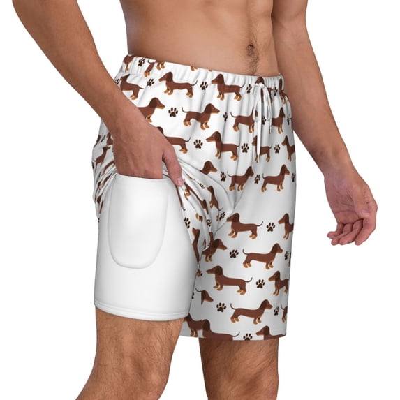 Uemuo Dachshund Dog Puppy Pattern Mens Swim Trunks Quick Dry Board Shorts with Mesh Lining, Stretch Beach Shorts Quick Dry No-Chafing Board Shorts-XX-Large