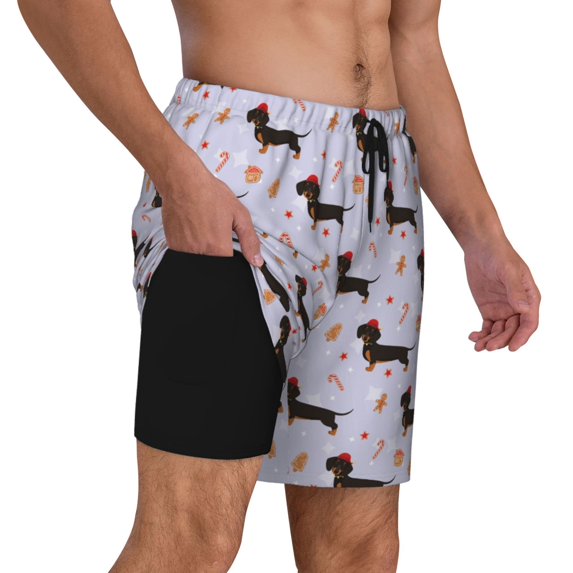 Uemuo Dachshund Dog Puppy Pattern Mens Swim Trunks Quick Dry Board Shorts with Mesh Lining, Stretch Beach Shorts Quick Dry No-Chafing Board Shorts-