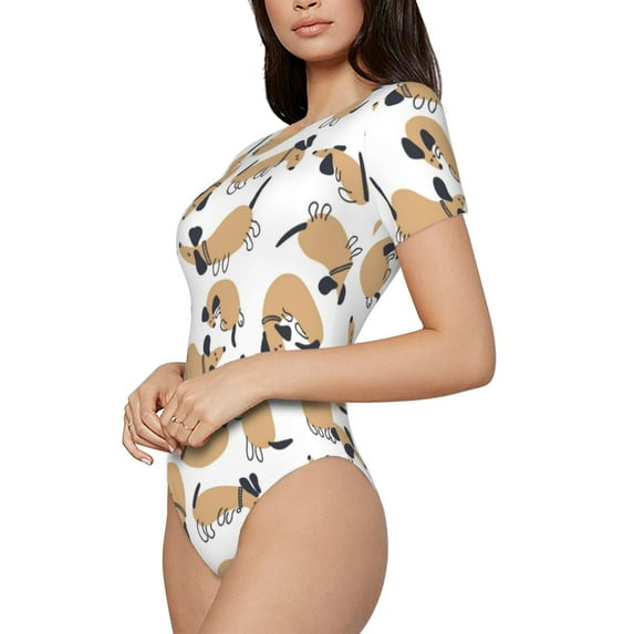 Uemuo Dachshund Dog Puppy Pattern Women's One Piece Short Sleeve Swimsuit Rash Guard Surfing Modest Quick-drying Swimsuit Beach Essentials-X-Large