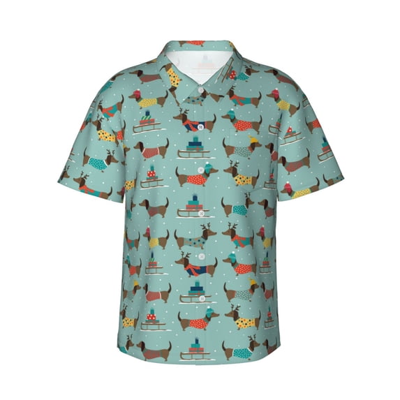 Uemuo Dachshund Dog Puppy Printed Regular Fit Short Sleeve Casual Hawaiian Shirt for Men,Aloha shirt,Tropical shirt,Floral print shirt,Vacation Beach shirt-Large