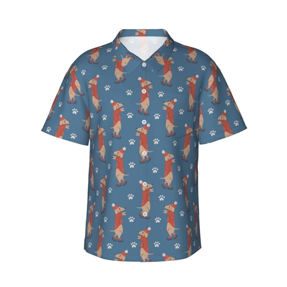 Uemuo Dachshund Dog Puppy Printed Regular Fit Short Sleeve Casual Hawaiian Shirt for Men,Aloha shirt,Tropical shirt,Floral print shirt,Vacation Beach shirt-XX-Large