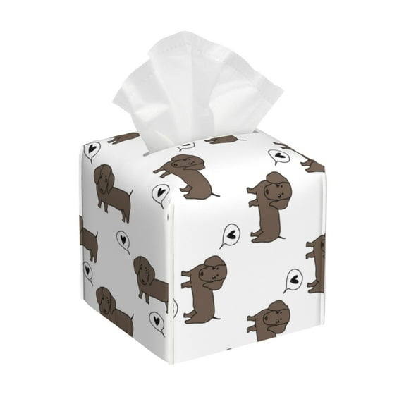 Uemuo Dachshund Dog Tissue Box Cover Holder, Square with Bottom Belt - PVC Leather Decorative Organizer for Tabletop, Bathroom, Car, Office