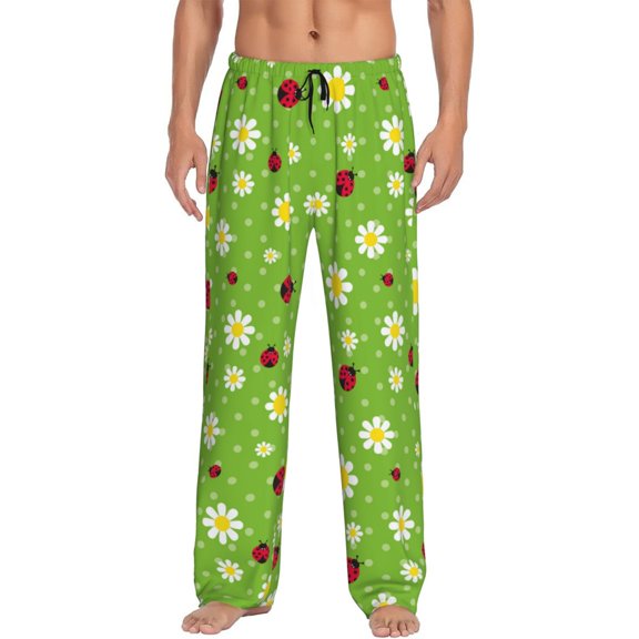 Uemuo Daisies And Ladybugs Pattern Men's Wide Leg Palazzo Lounge Pants with Pockets Light Weight Loose Comfy Casual Pajama Pants-Small