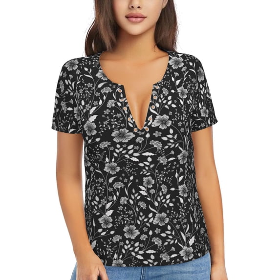 Uemuo Daisies Flowers Drawing Women's Deep V-Neck Low Cut Tops - Casual Loose Fit with Stainless Steel Loop, Soft, Breathable, Perfect for Office, Travel, and Daily Wear-Medium